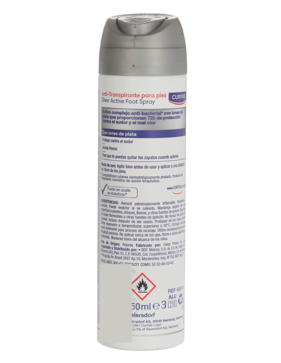 Desodorante para pies en aerosol Curitas Silver Active unisex 2