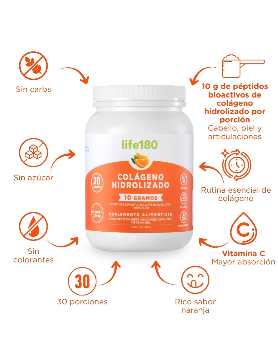 Colágeno hidrolizado Life 180 sabor naranja de 450 g