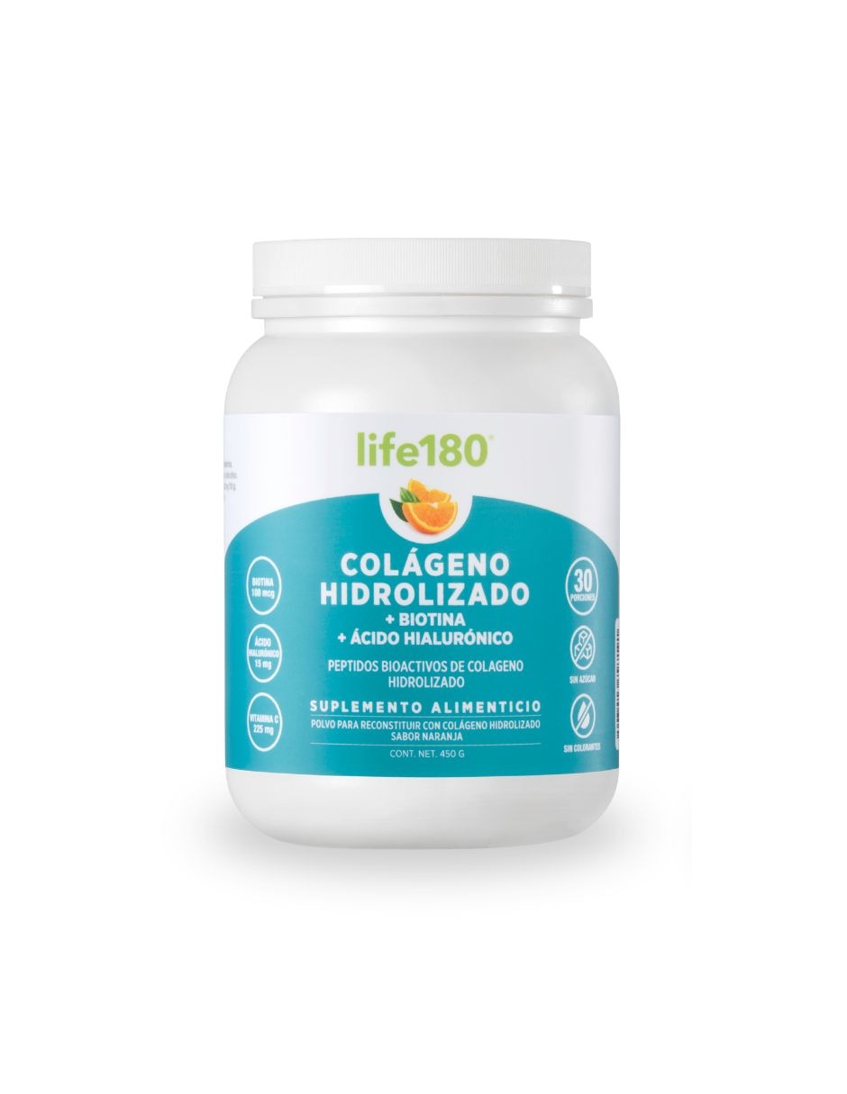 Colágeno hidrolizado Life180 con biotina y ácido hialuronico sabor naranja de 450 g 1