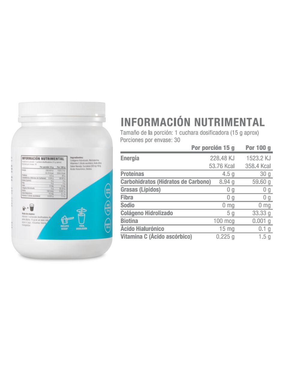 Colágeno hidrolizado Life180 con biotina y ácido hialuronico sabor naranja de 450 g 7