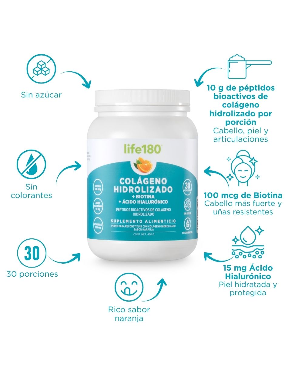 Colágeno hidrolizado Life180 con biotina y ácido hialuronico sabor naranja de 450 g 2