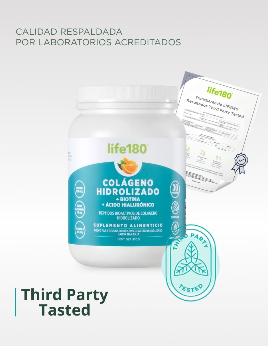 Colágeno hidrolizado Life180 con biotina y ácido hialuronico sabor naranja de 450 g 3