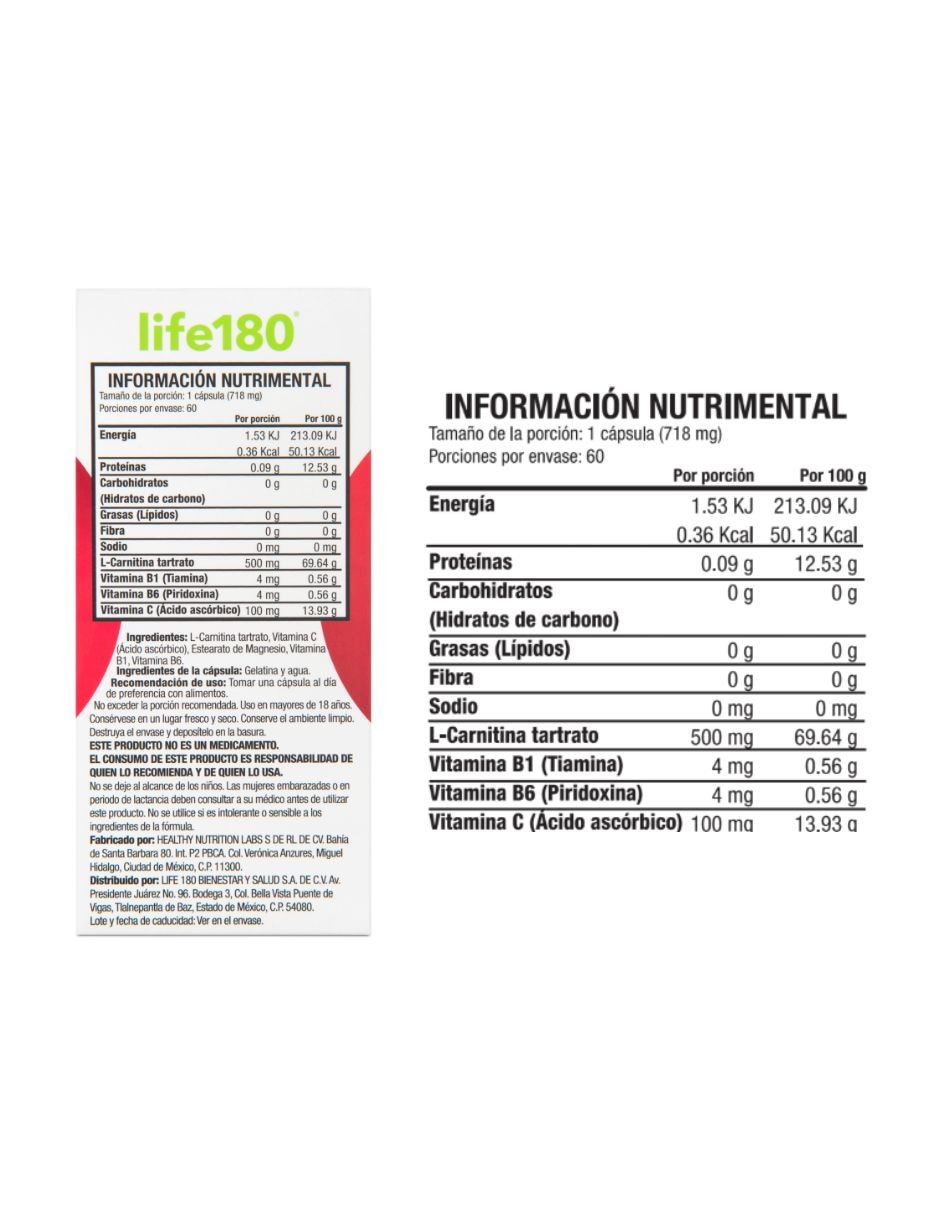 L-Carnitina con vitaminas Life 180 de 120 cápsulas