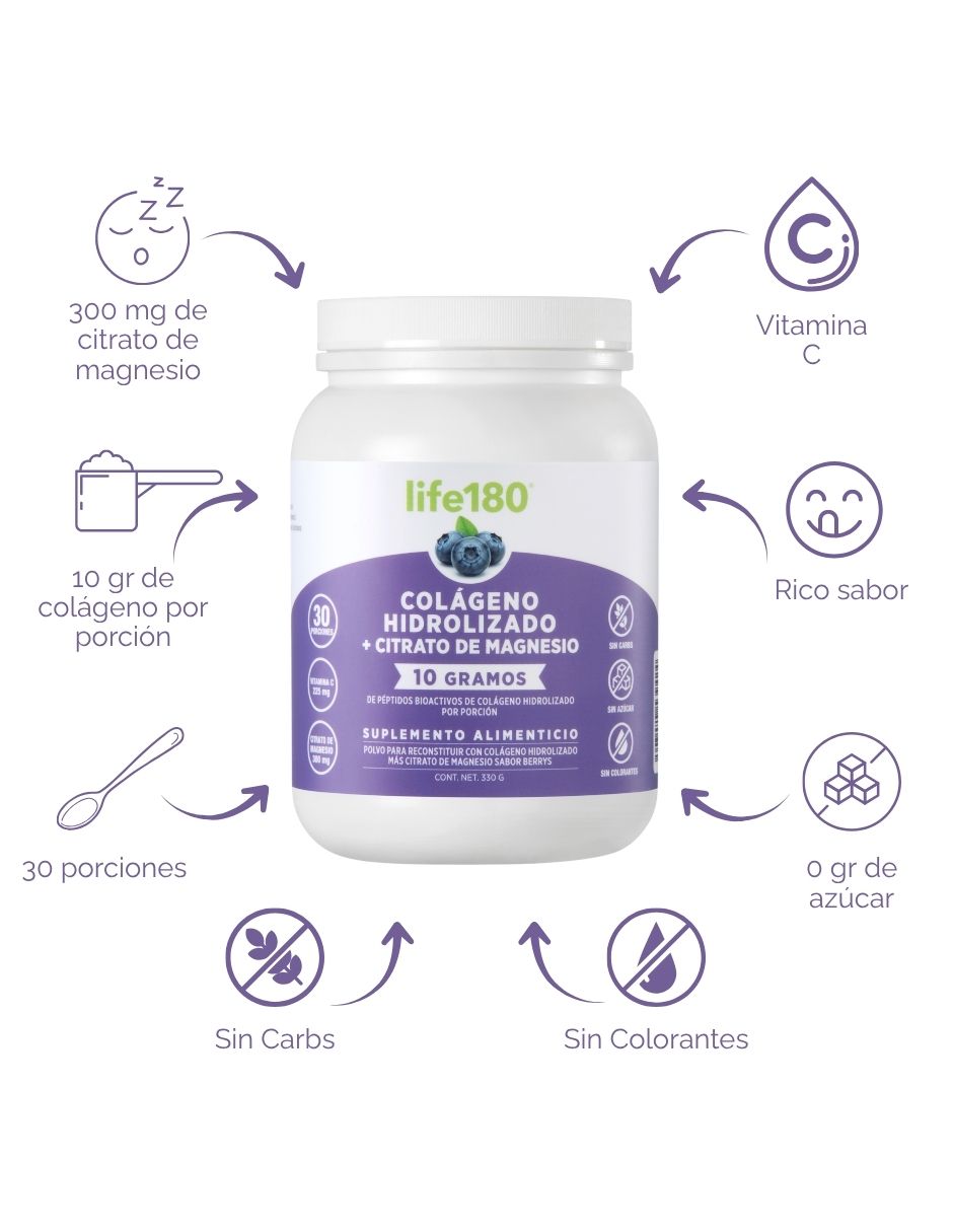 Colágeno hidrolizado Life 180 con citrato de magnesio y vitamina C sabor uva de 330 G
