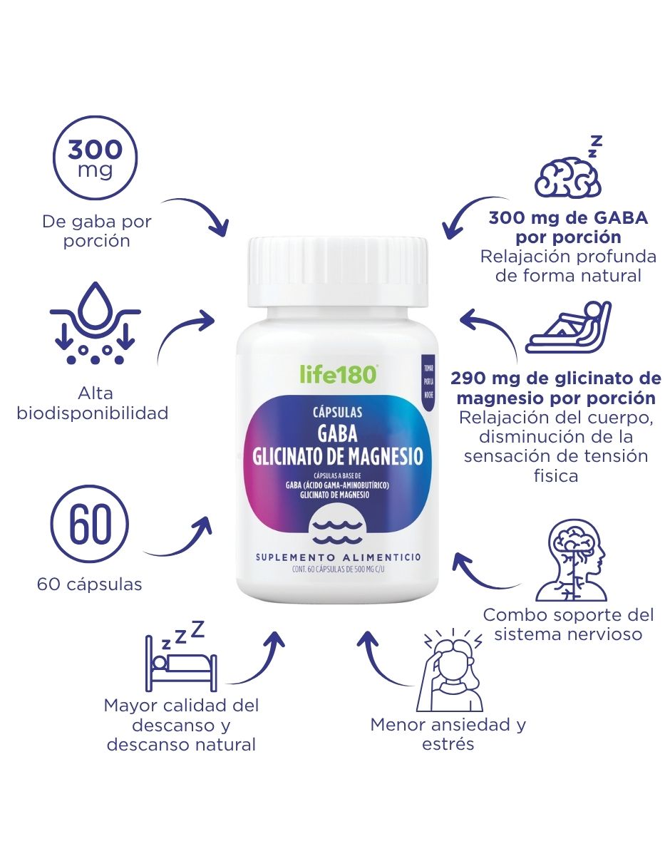 Suplemento alimenticio gaba y magnesio Life 180 de 60 cápsulas