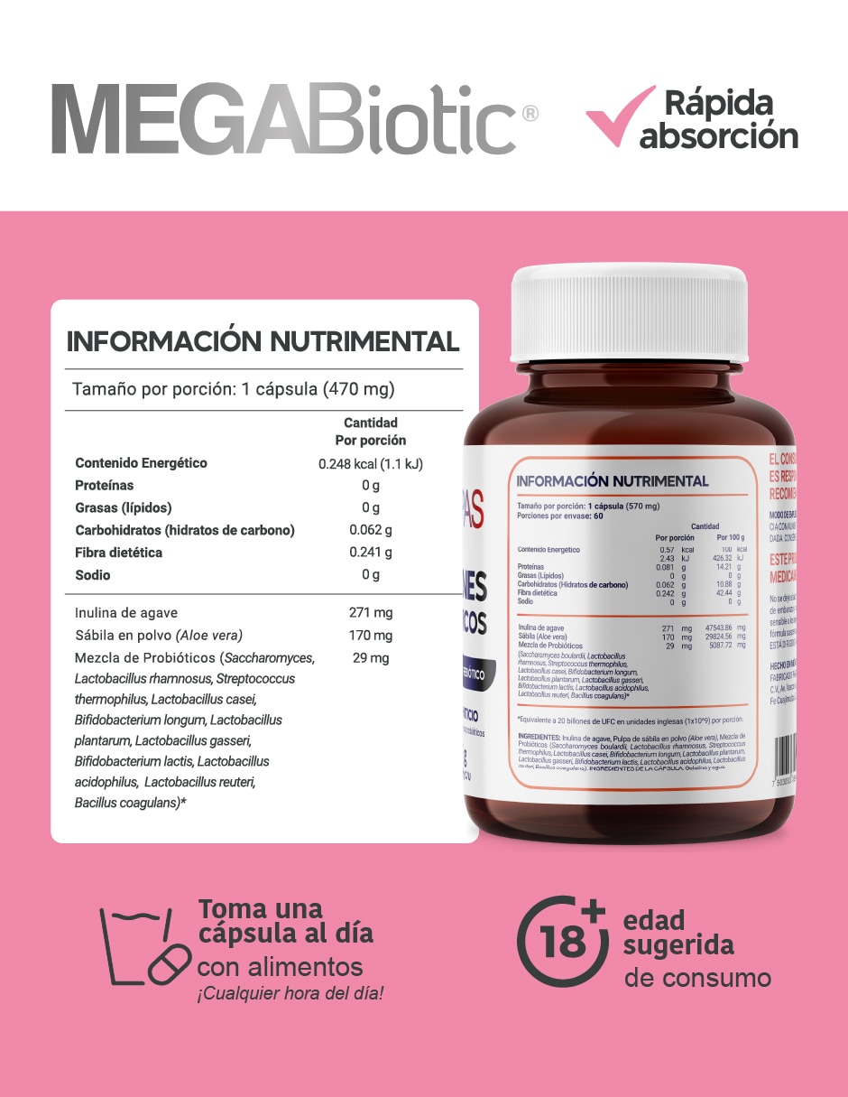 11 Cepas Megabiotic con Inulina de Agave Lactobacillus Acidophilus de 60 cápsulas