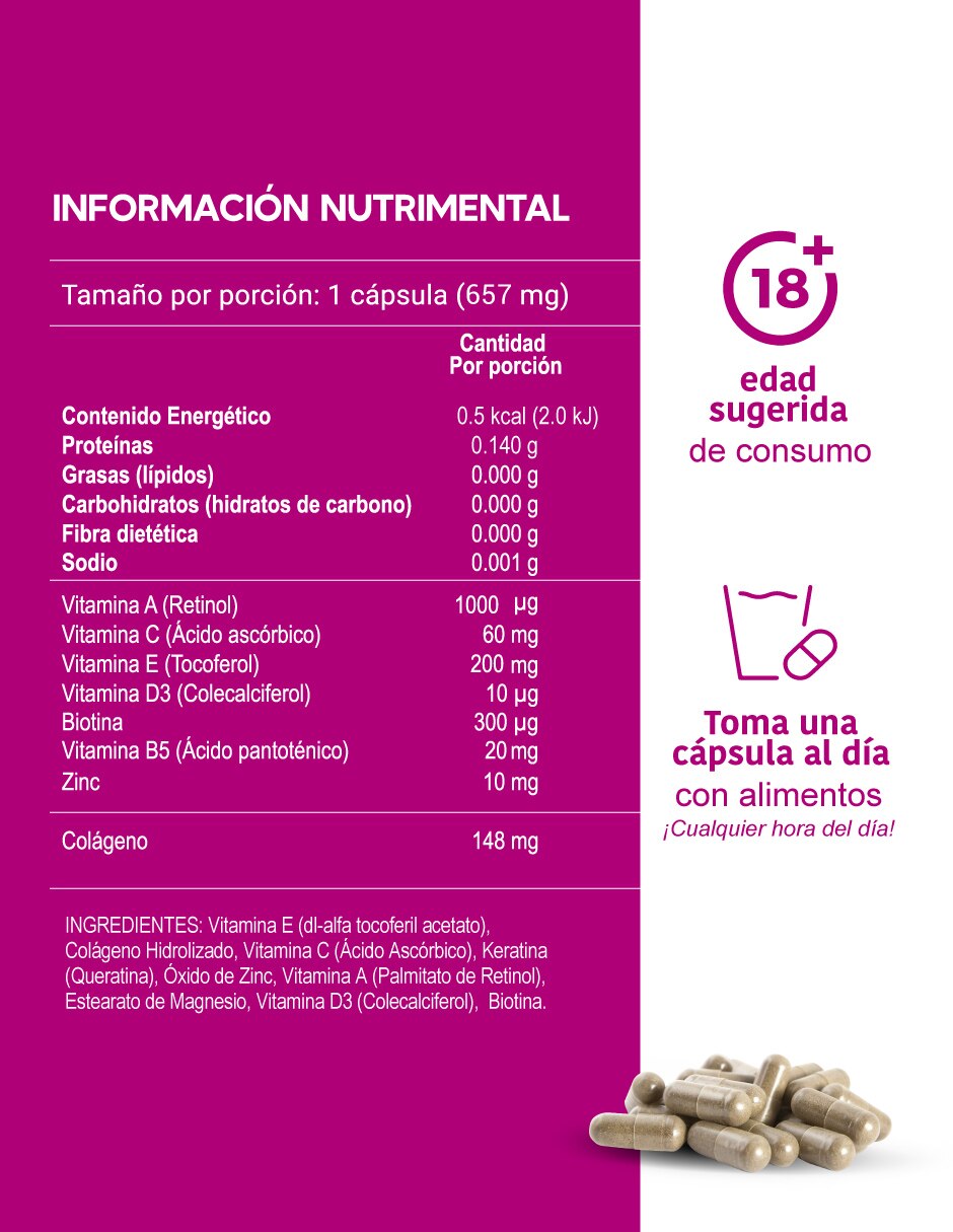 Colágeno Hidrolizado con bIotina, vitamina E, vitamina B5, vitamina D3, zinc, vitamina C y vitamina A de 60 cápsulas 3