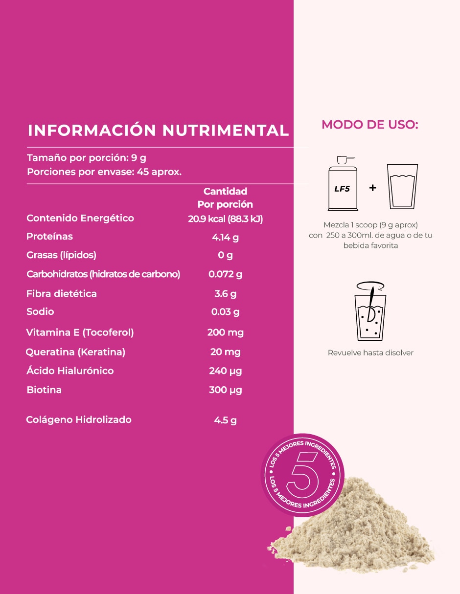 Colágeno Hidrolizado en Polvo + Biotina Keratina Acido Hialurónico Vitamina E 6