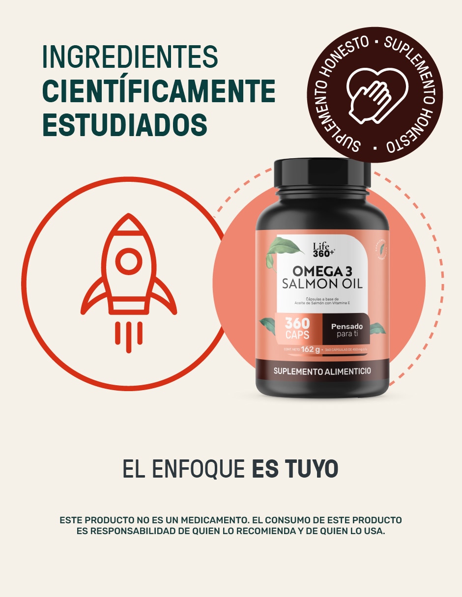 Suplemento alimenticio Life360+ con omega 3, aceite de salmón con DHA y EPA de 360 cápsulas