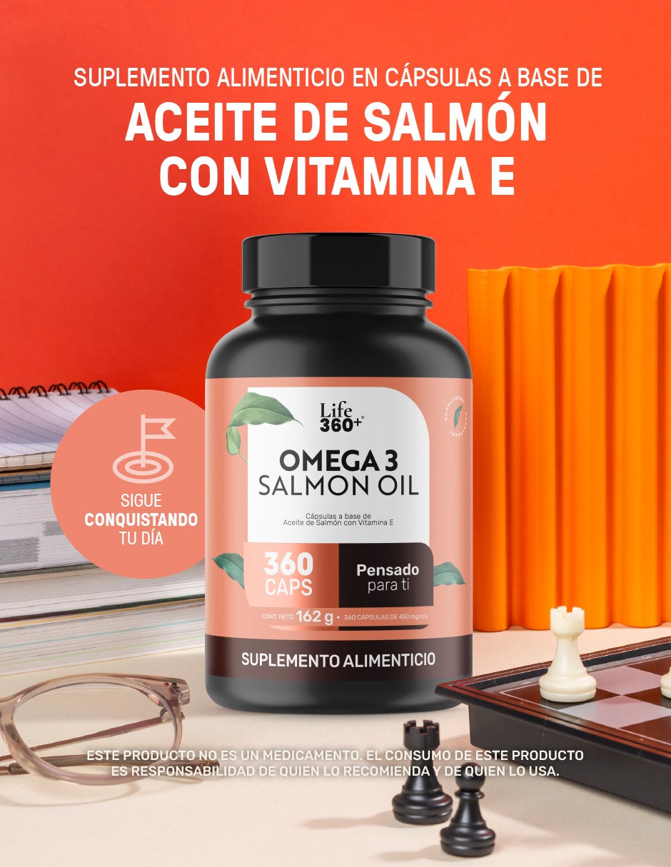 Suplemento alimenticio Life360+ con omega 3, aceite de salmón con DHA y EPA de 360 cápsulas