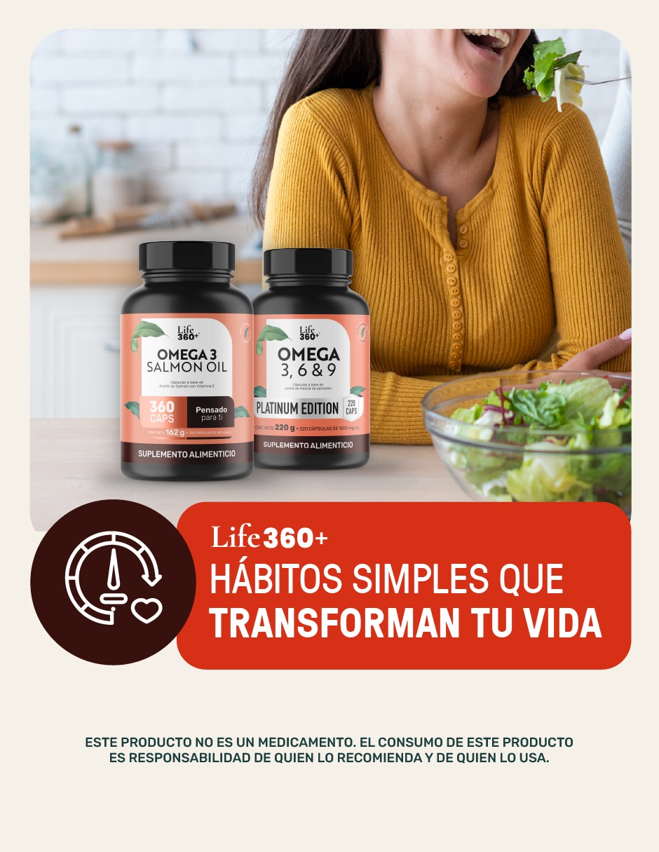 Suplemento alimenticio Life360+ con omega 3, aceite de salmón con DHA y EPA de 360 cápsulas