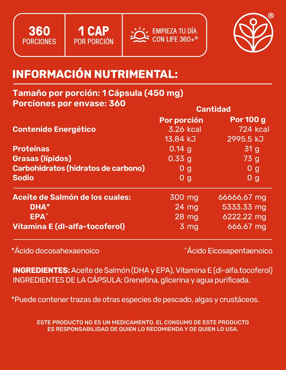 Suplemento alimenticio Life360+ con omega 3, aceite de salmón con DHA y EPA de 360 cápsulas