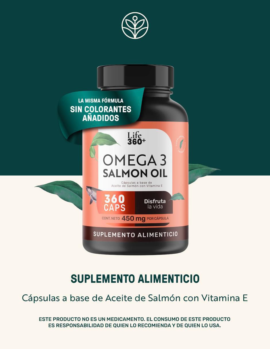 Suplemento alimenticio Life360+ con omega 3, aceite de salmón con DHA y EPA de 360 cápsulas