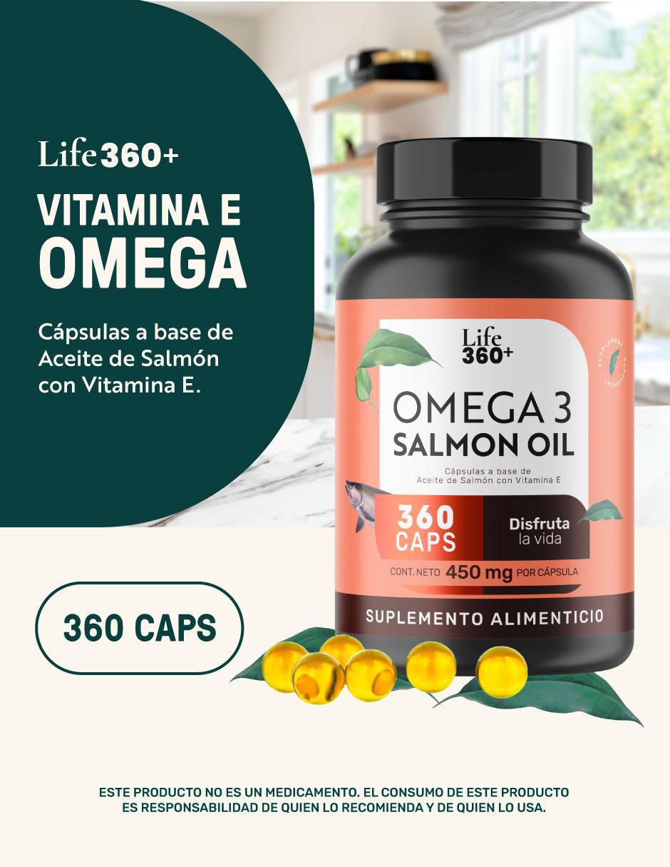 Suplemento alimenticio Life360+ con omega 3, aceite de salmón con DHA y EPA de 360 cápsulas