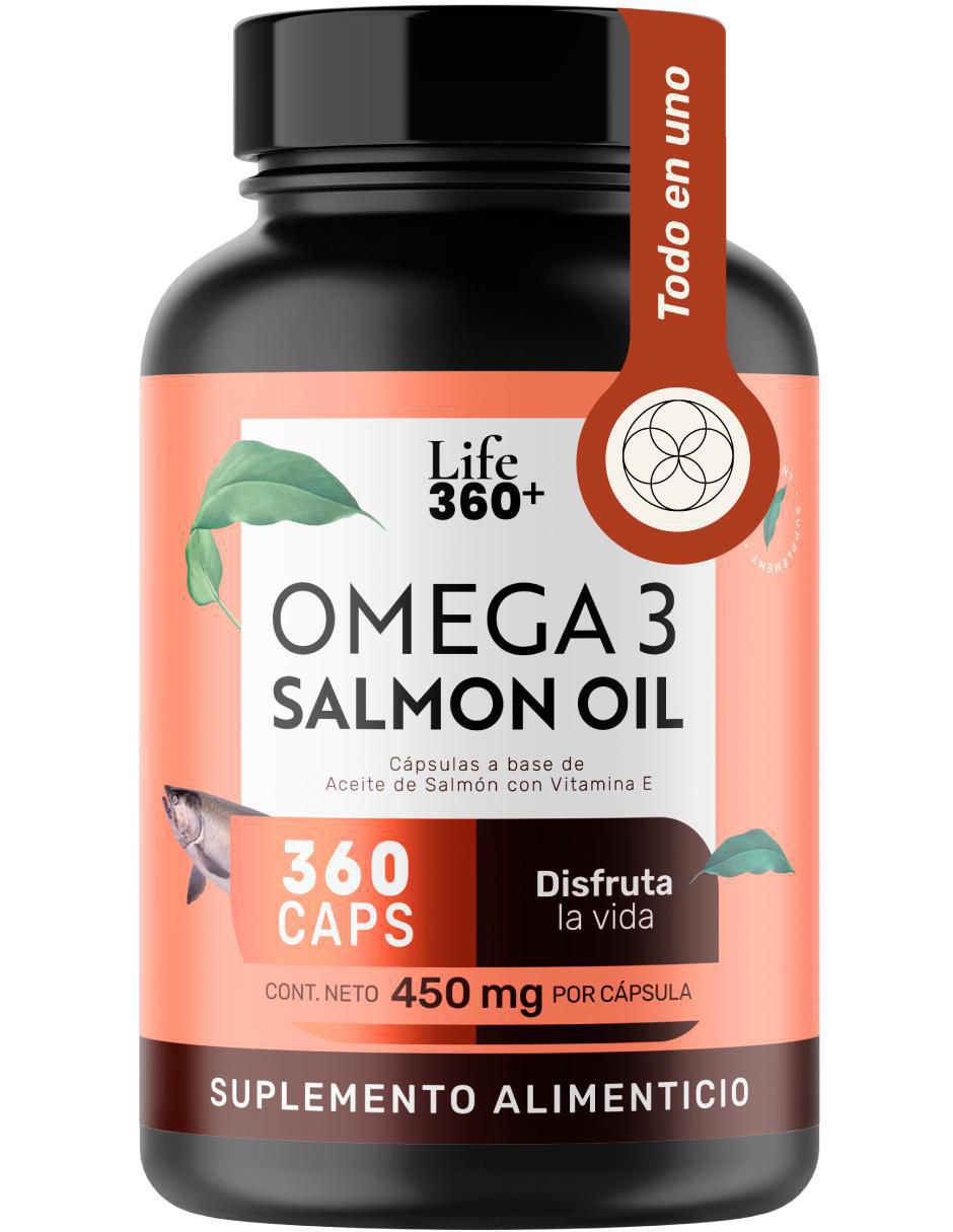Suplemento alimenticio Life360+ con omega 3, aceite de salmón con DHA y EPA de 360 cápsulas