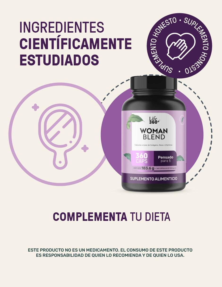 Multivitamínico para mujer con colágeno hidrolizado, biotina, ácido fólico, vitamina a, c, d, b12 y zinc, 360 cápsulas. Vitamina life360+ para mujer