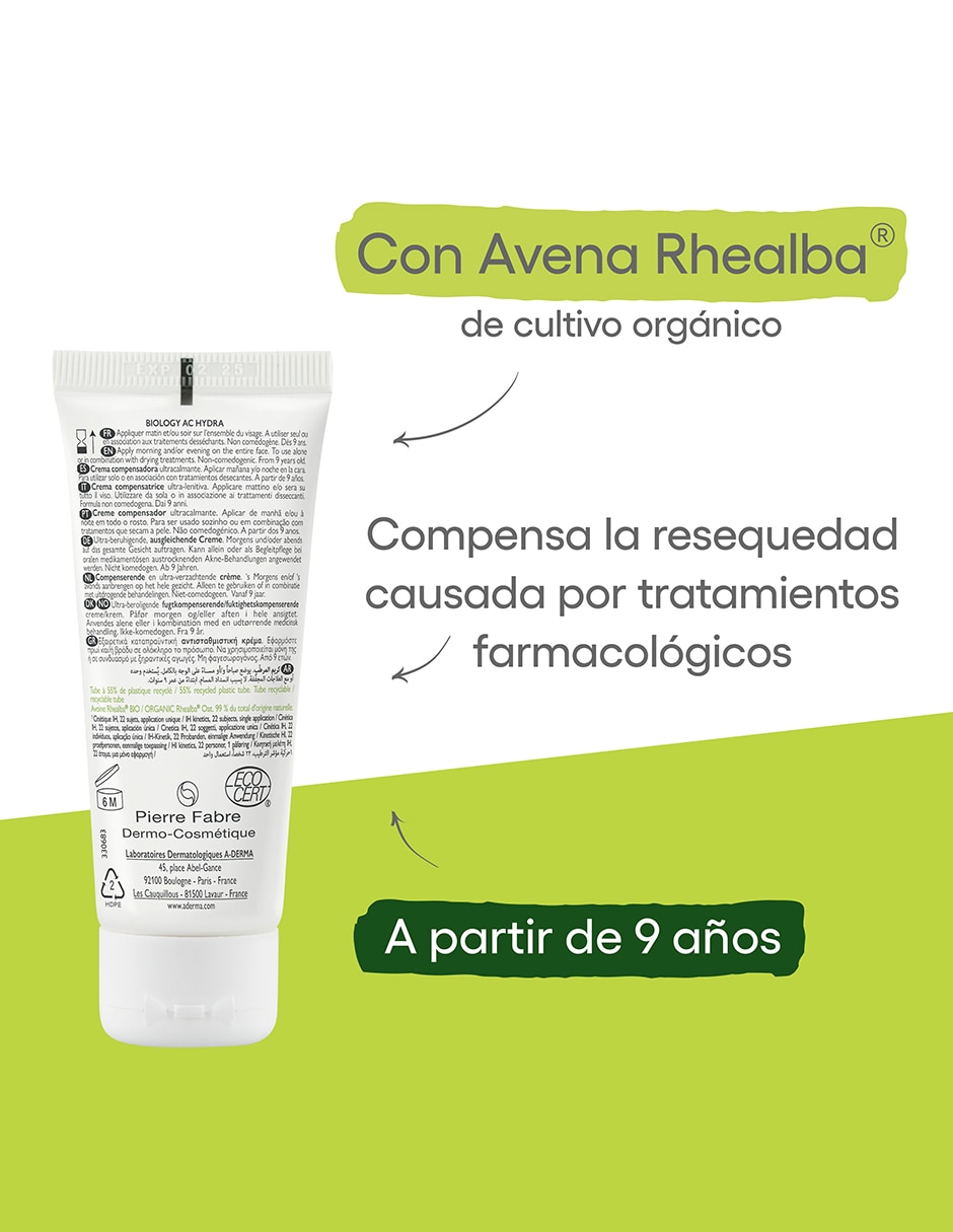 Crema facial recomendada para hidratar día y noche Aderma Biology para piel grasa