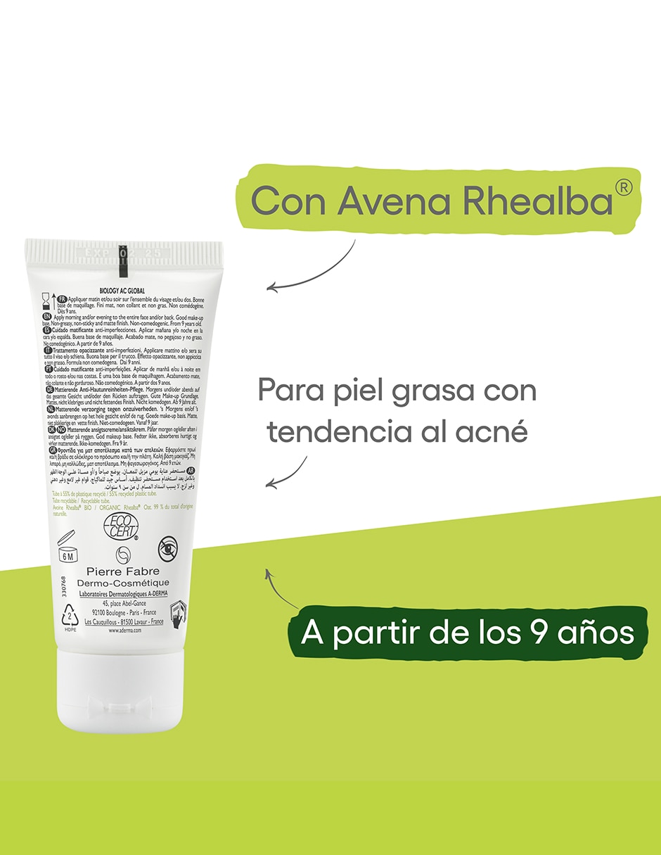 Crema para rostro y labios recomendada para acné día y noche Aderma Biology para piel grasa