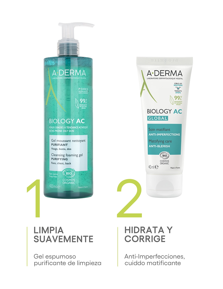 Crema para rostro y labios recomendada para acné día y noche Aderma Biology para piel grasa