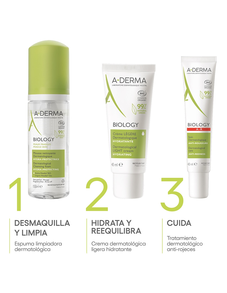 Limpiador facial espuma limpiadora hidratante y desmaquillante Aderma Biology para hidratar