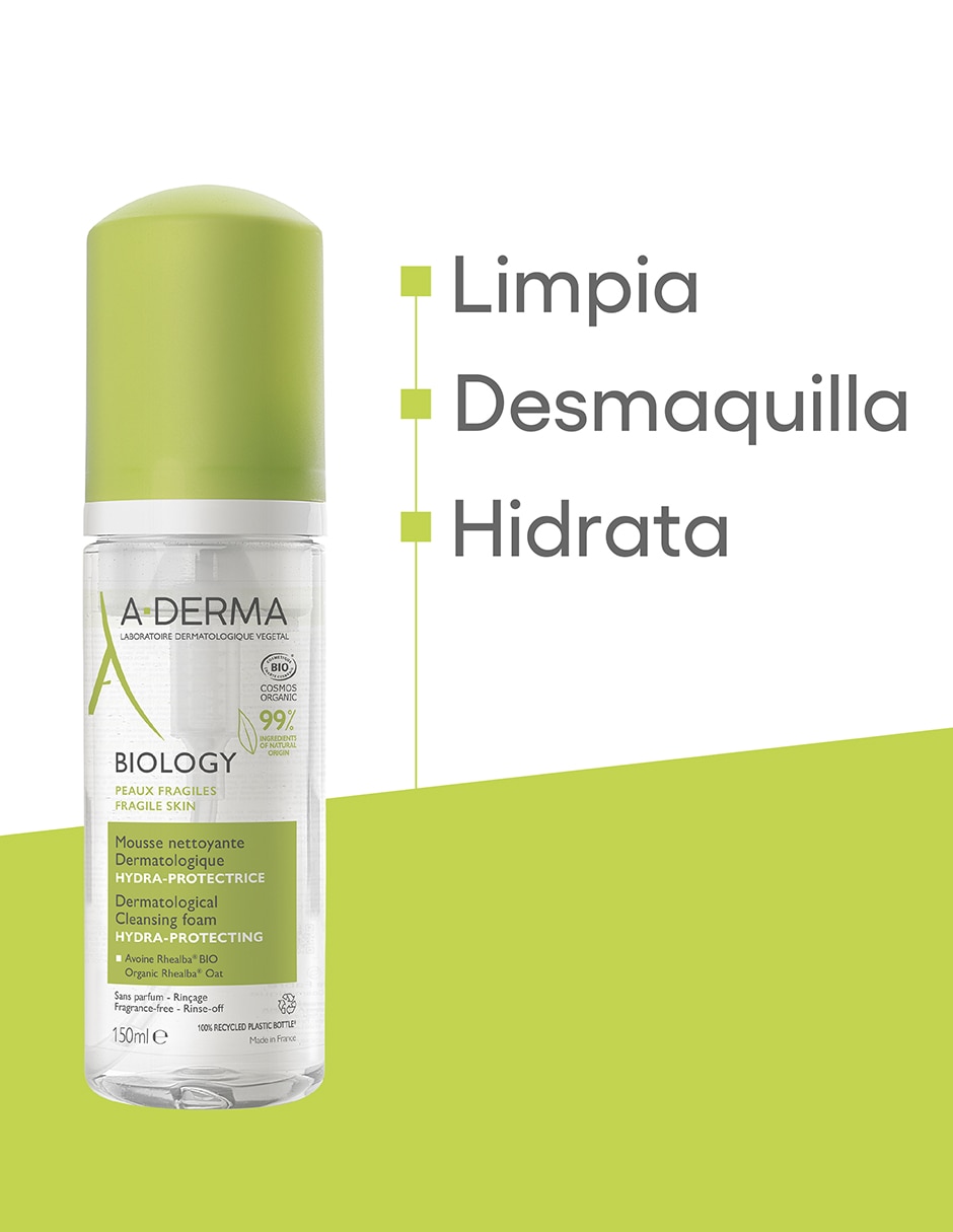 Limpiador facial espuma limpiadora hidratante y desmaquillante Aderma Biology para hidratar