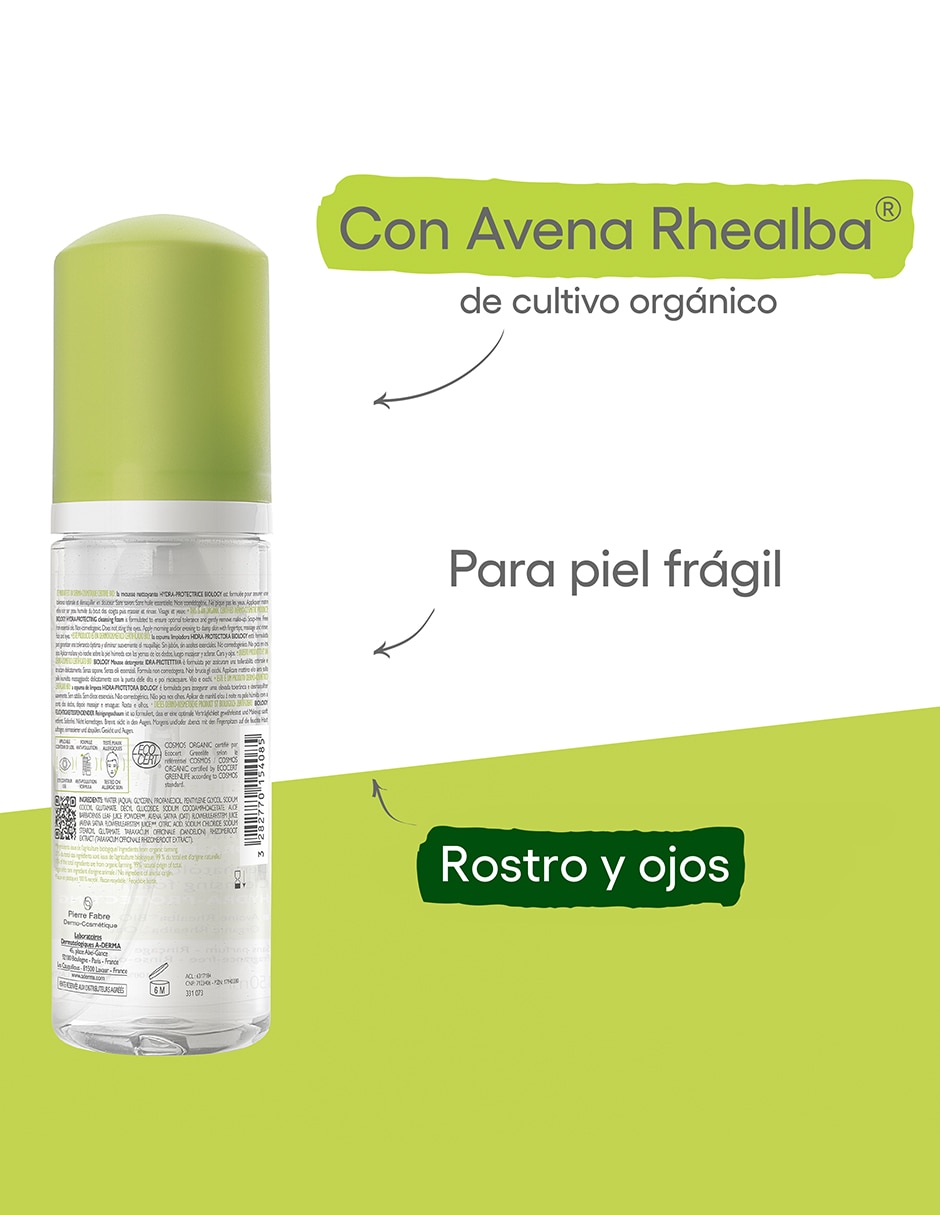 Limpiador facial espuma limpiadora hidratante y desmaquillante Aderma Biology para hidratar