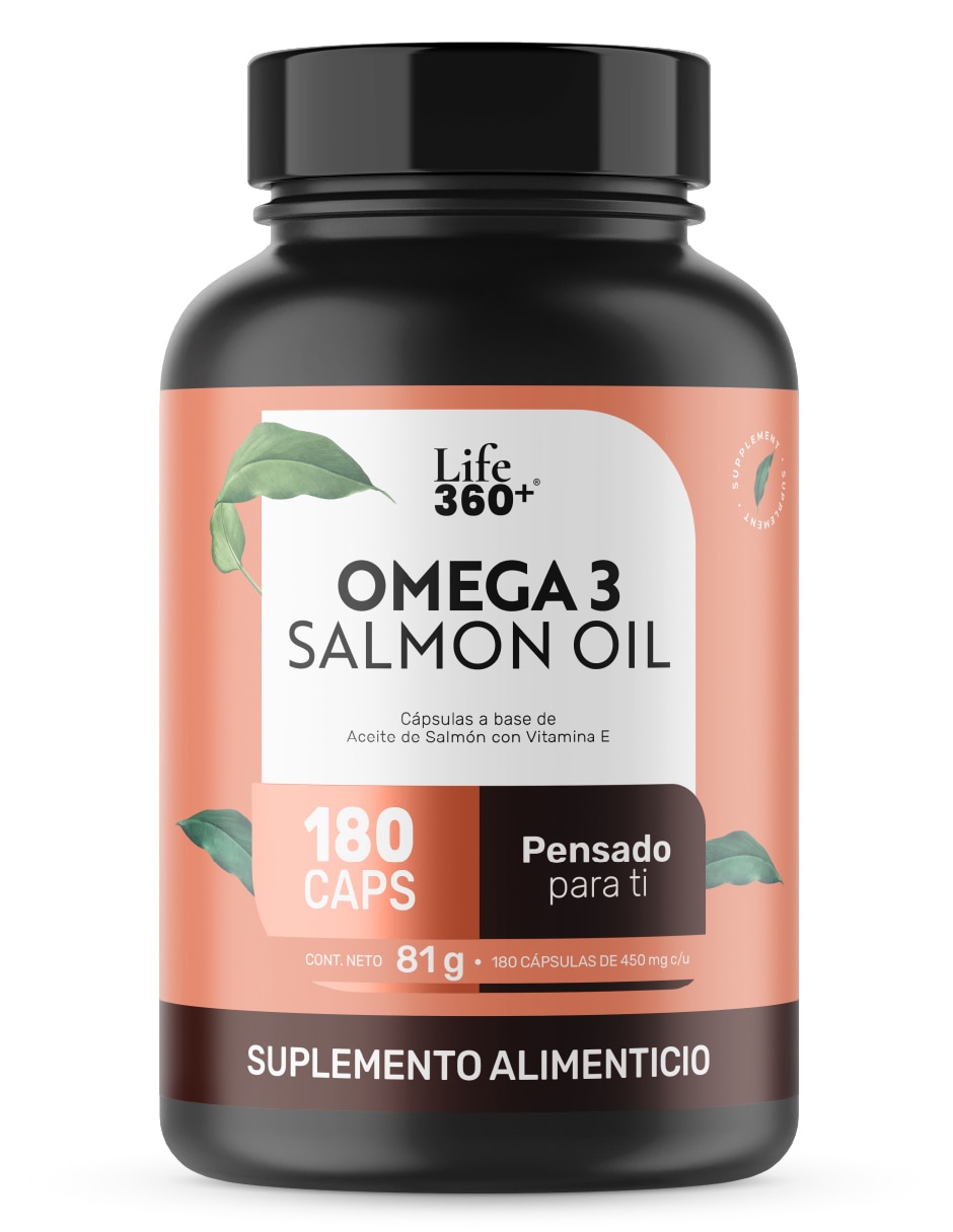 Suplemento alimenticio con omega 3, aceite de salmón con DHA y EPA de 180 cápsulas Life360+