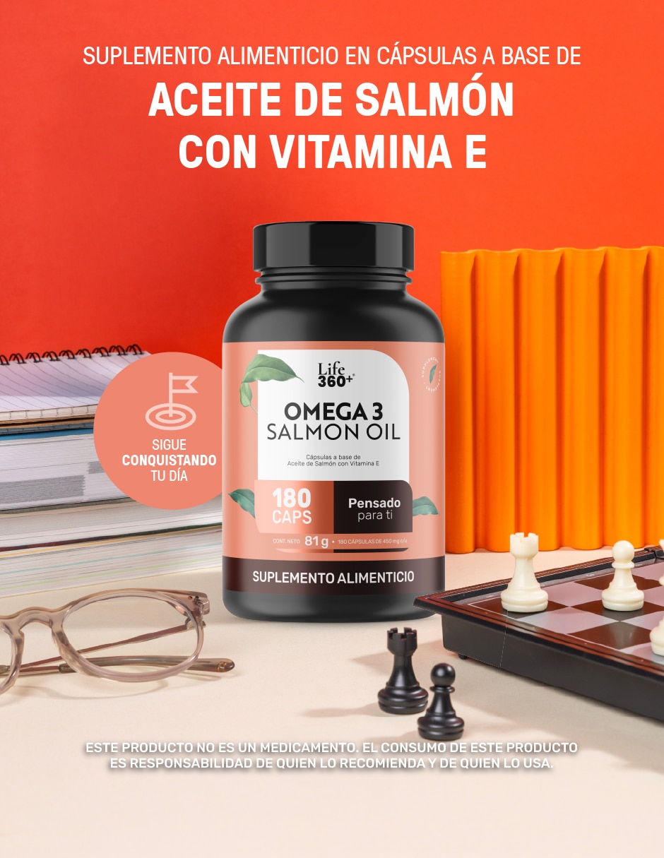 Suplemento alimenticio con omega 3, aceite de salmón con DHA y EPA de 180 cápsulas Life360+