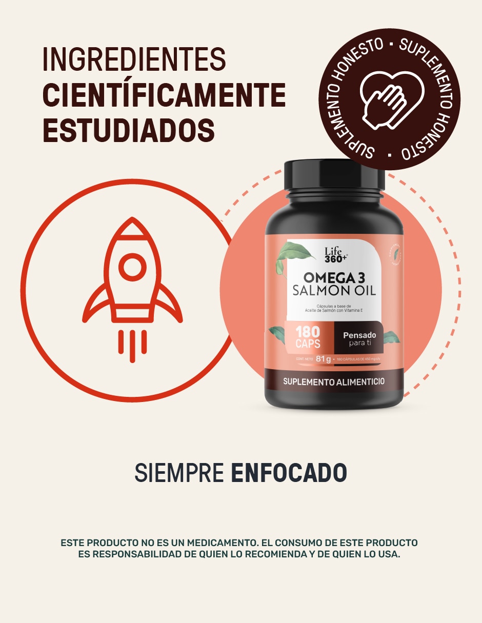 Suplemento alimenticio con omega 3, aceite de salmón con DHA y EPA de 180 cápsulas Life360+