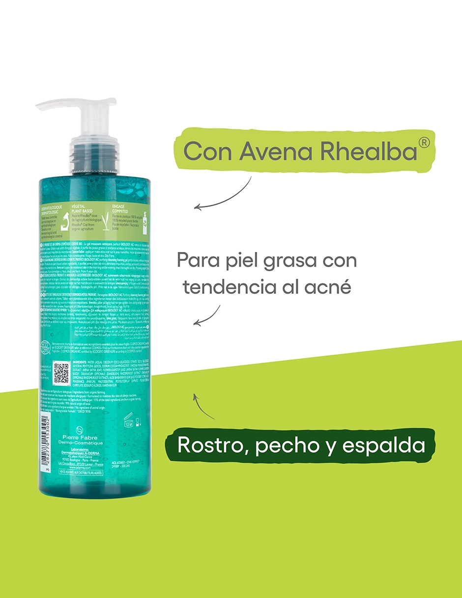 Gel para rostro limpiador gel limpiador 400 ml, piel grasa con tendencia acnéica Aderma Biology ac 7