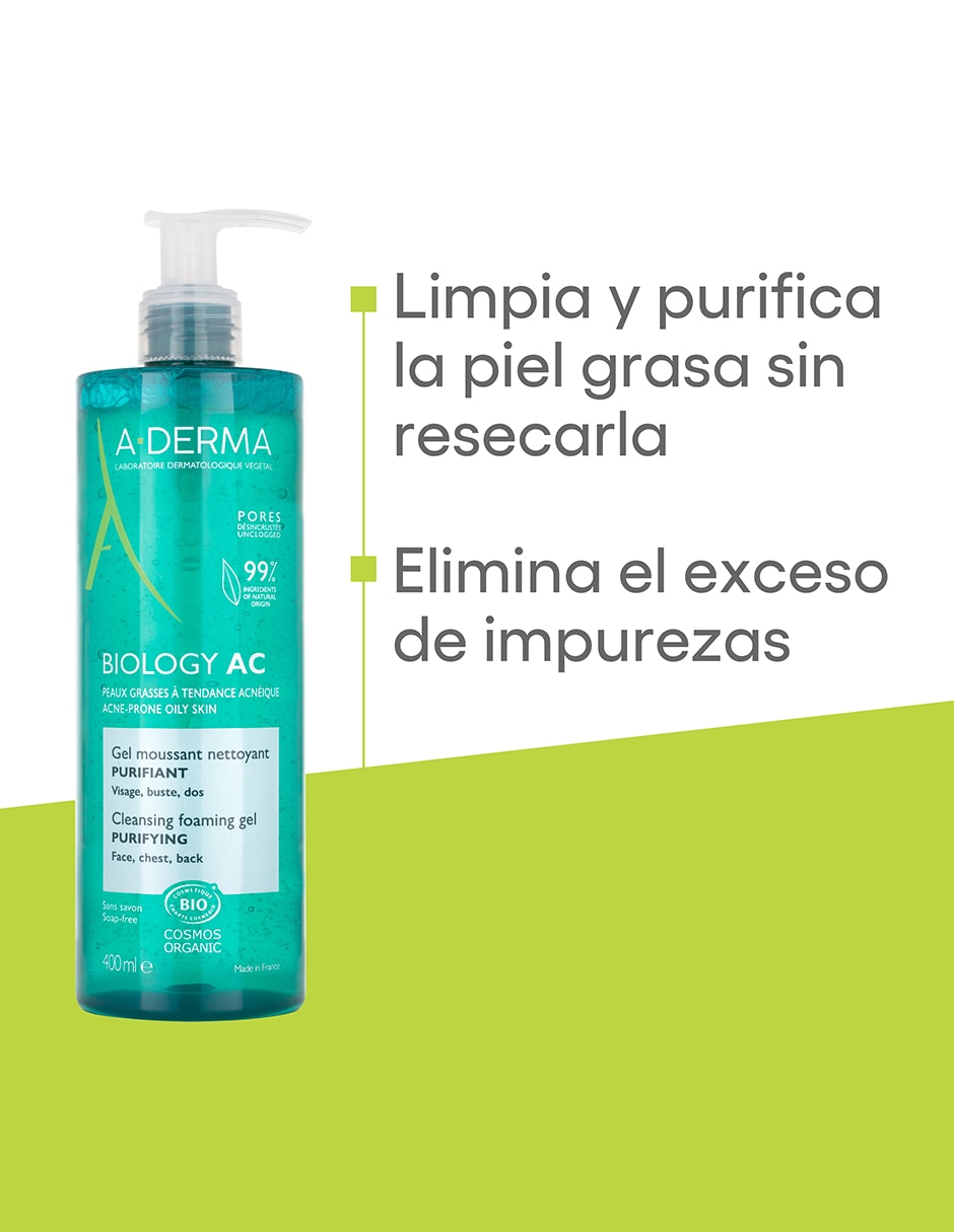 Gel para rostro limpiador gel limpiador 400 ml, piel grasa con tendencia acnéica Aderma Biology ac 8