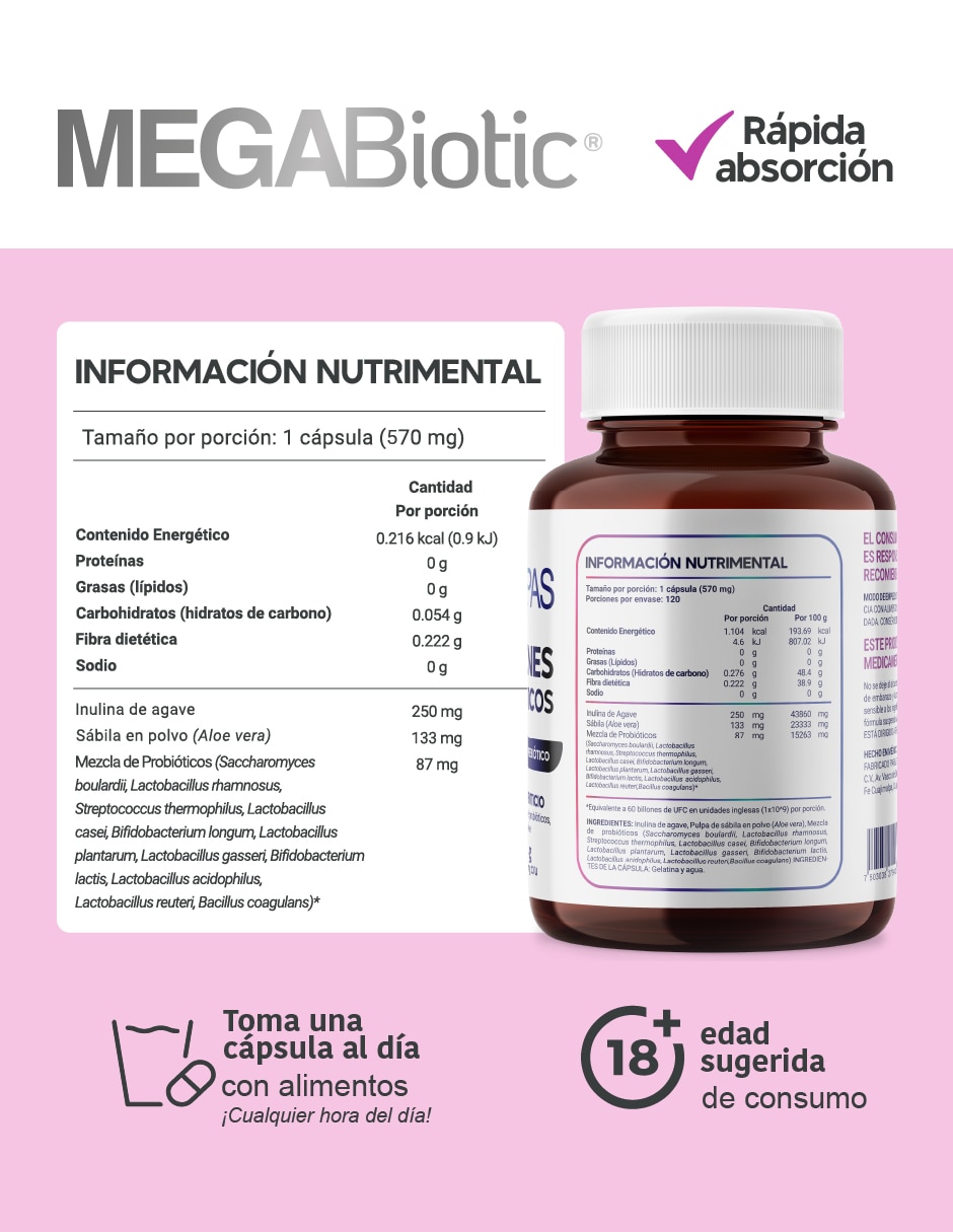 Probióticos 60 billones y 11 cepas e inulina de agave megabiotic "con" enzimas digestivas y probióticos "sabor" sin sabor "de" sin tamaño