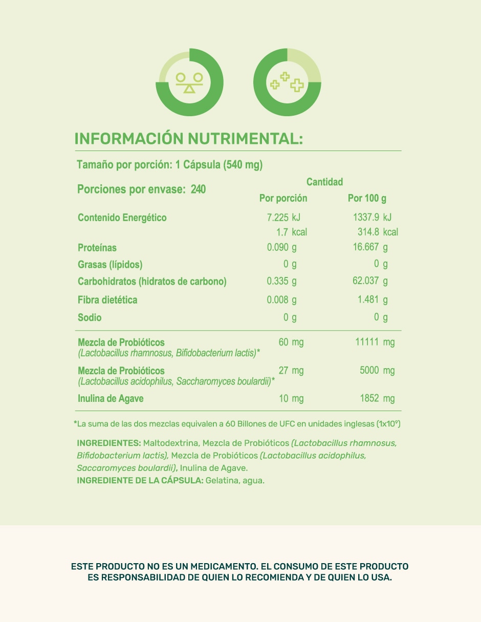 Probióticos 60 billones y prebióticos inulina de agave de 160 cápsulas