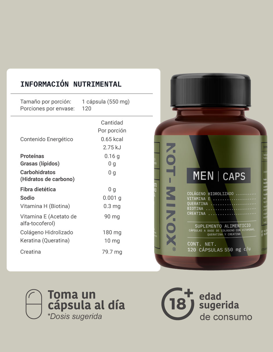 Cápsulas para Crecimiento de Cabello, Barba y Bigote NOT-MINOX con colágeno, vitamina e, queratina, biotina y creatina