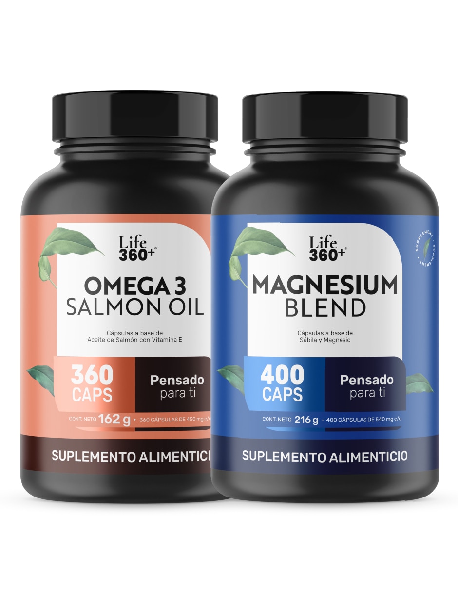 Set de suplementos omega 3 salmon oil + magnesium mix 4 tipos de magnesio Life360+