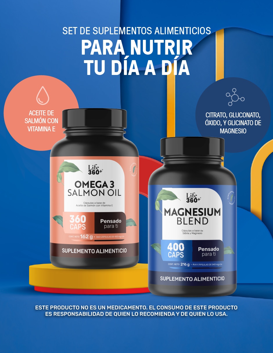 Set de suplementos omega 3 salmon oil + magnesium mix 4 tipos de magnesio Life360+
