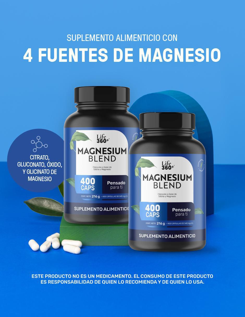 Set de suplementos alimenticios 2pack magnesium mix 4 tipos de magnesio, citrato, glicinato, gluconato y óxido de magnesio con 400 cápsulas. Life360+