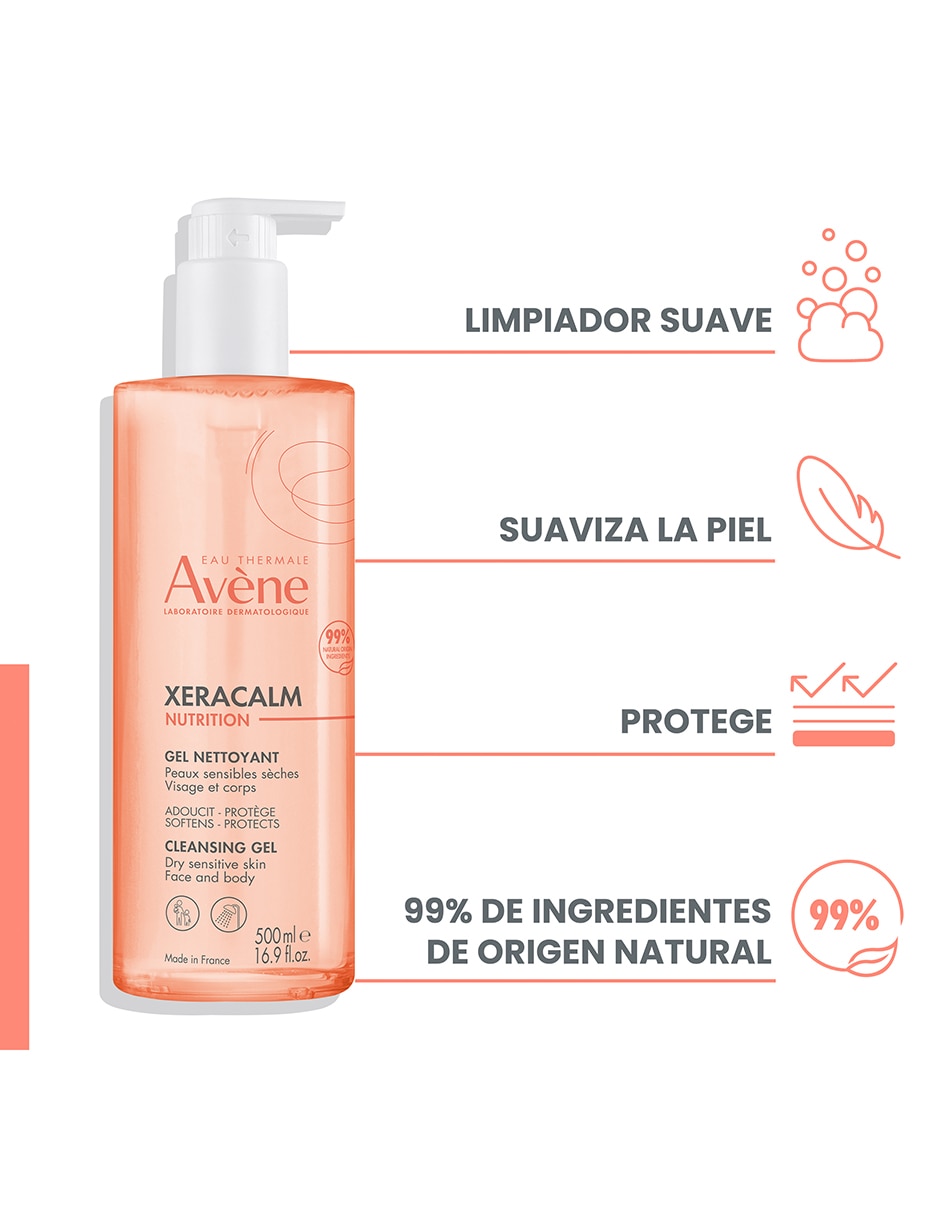 Limpiador facial Xeracalm nutrition gel limpiador higiene suave para piel seca y sensible rostro y cuerpo 500 ml Avène para calmar la piel 8