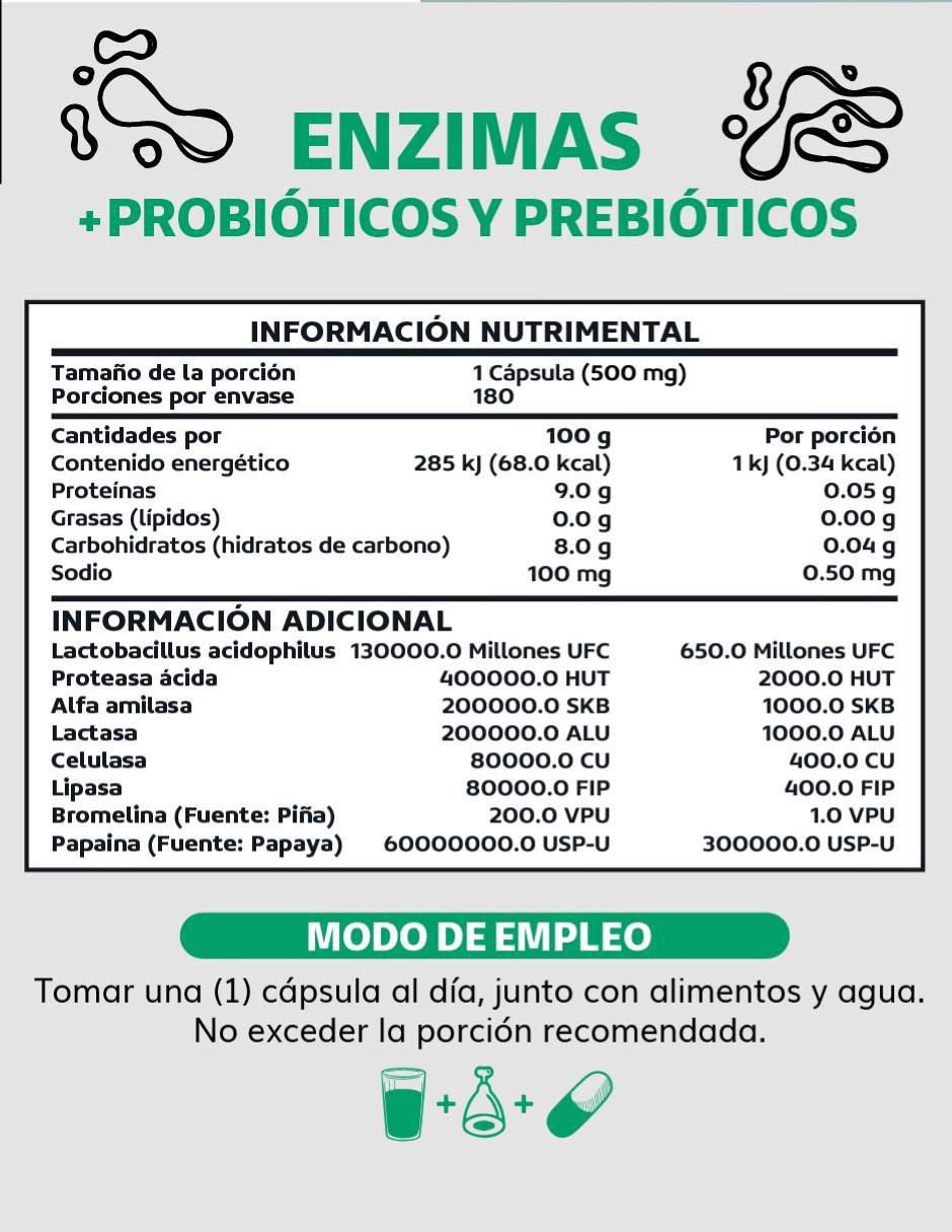 Enzimas Digestivas, Probióticos y Prebióticos con enzimas digestivas y probióticos sabor original de 180 cápsulas 2