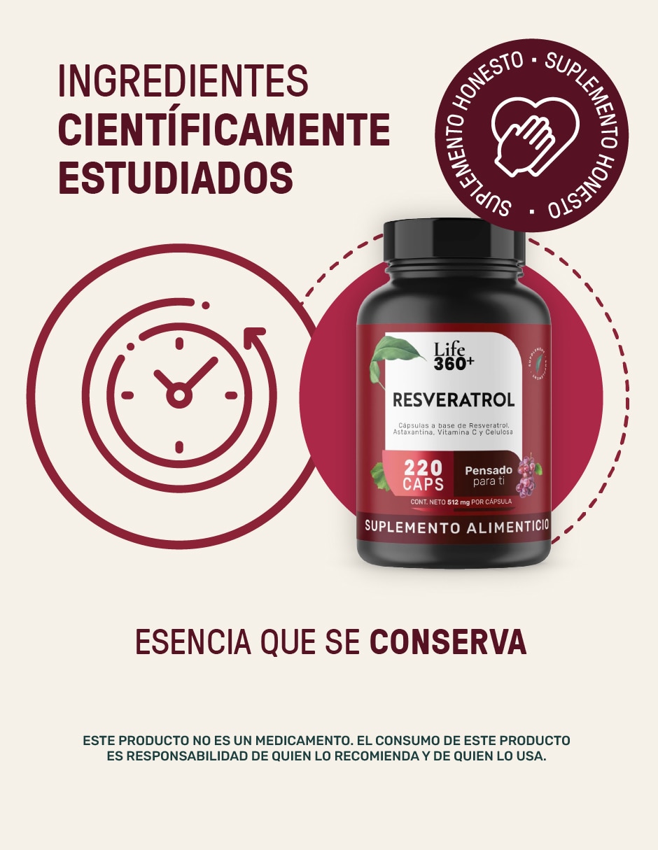 Resveratrol, Astaxantina y Vitamina C Life 360+ Antioxidante de 1024 mg por porción.