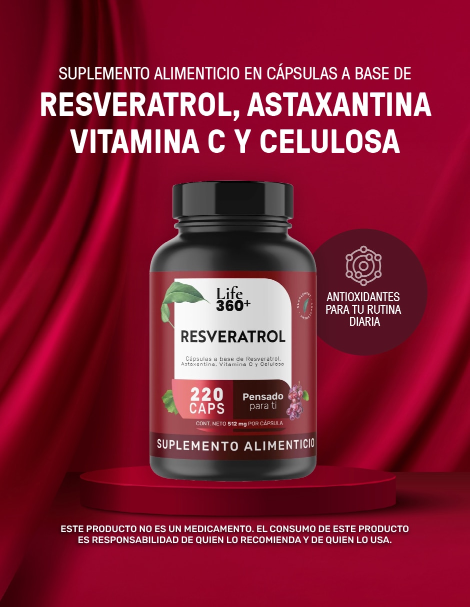 Resveratrol, Astaxantina y Vitamina C Life 360+ Antioxidante de 1024 mg por porción.