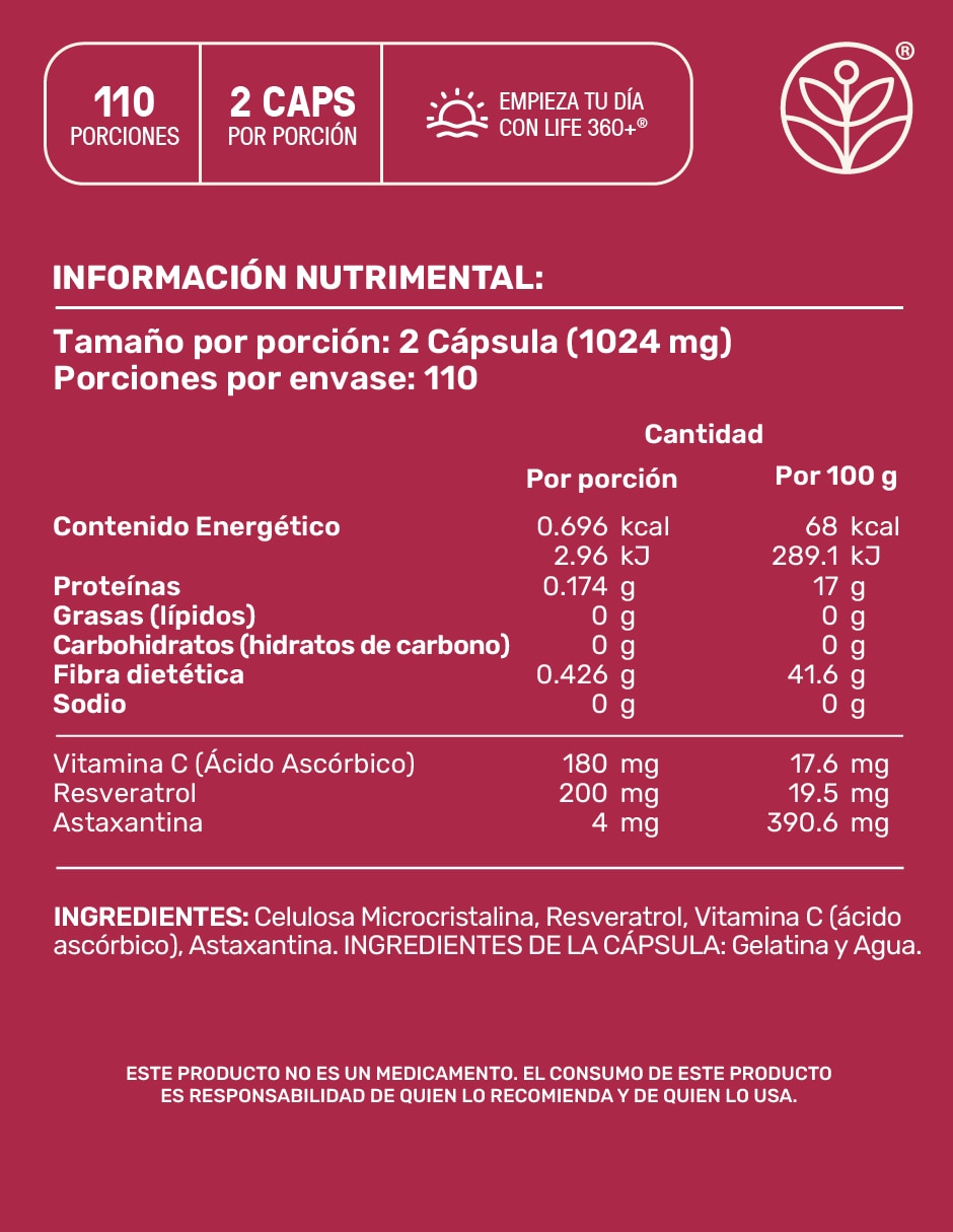 Resveratrol, Astaxantina y Vitamina C Life 360+ Antioxidante de 1024 mg por porción.