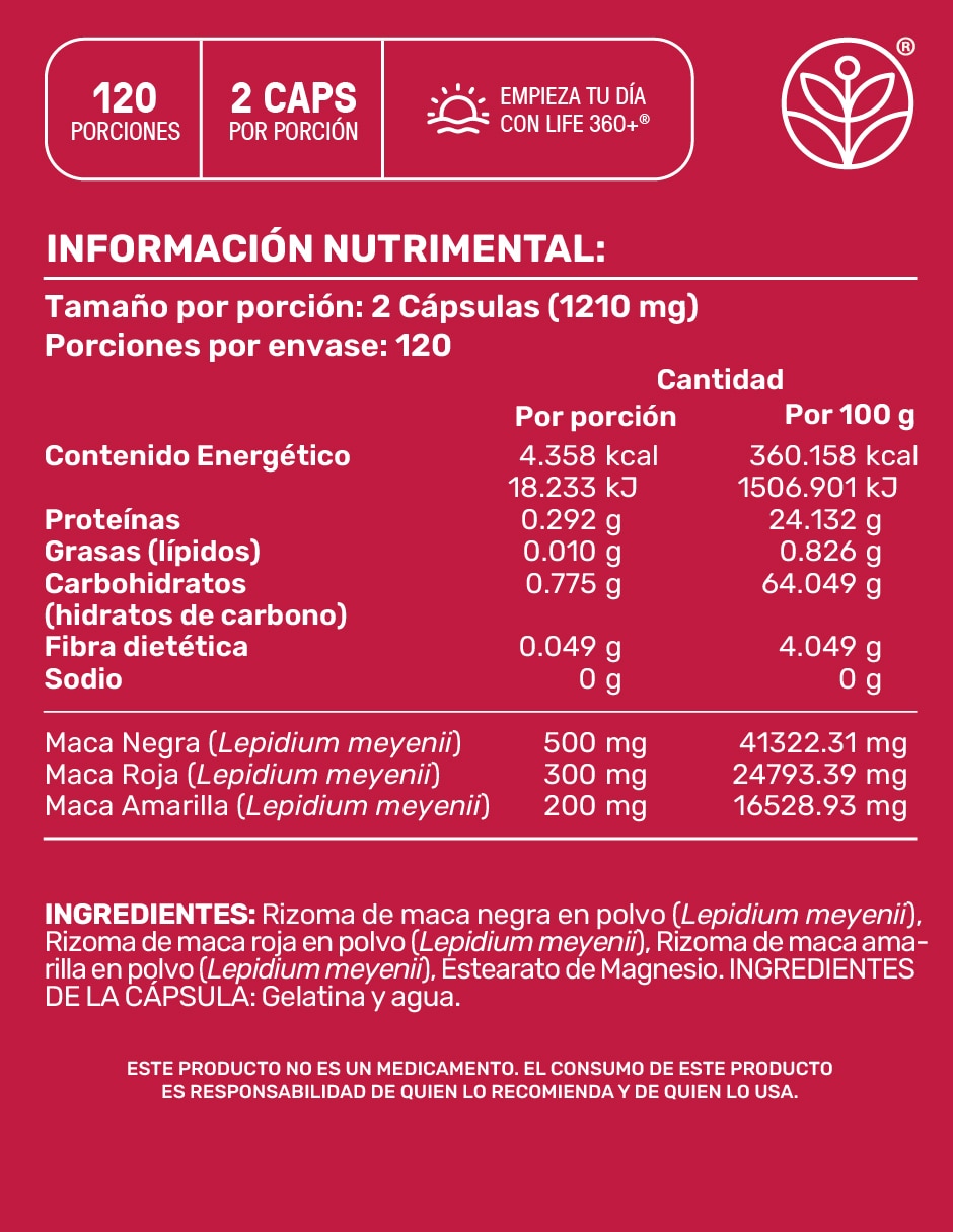Maca: maca (negra, amarilla, roja) life 360+ 240 cápsulas "con" maca "sabor" sin sabor "de" sin tamaño 3