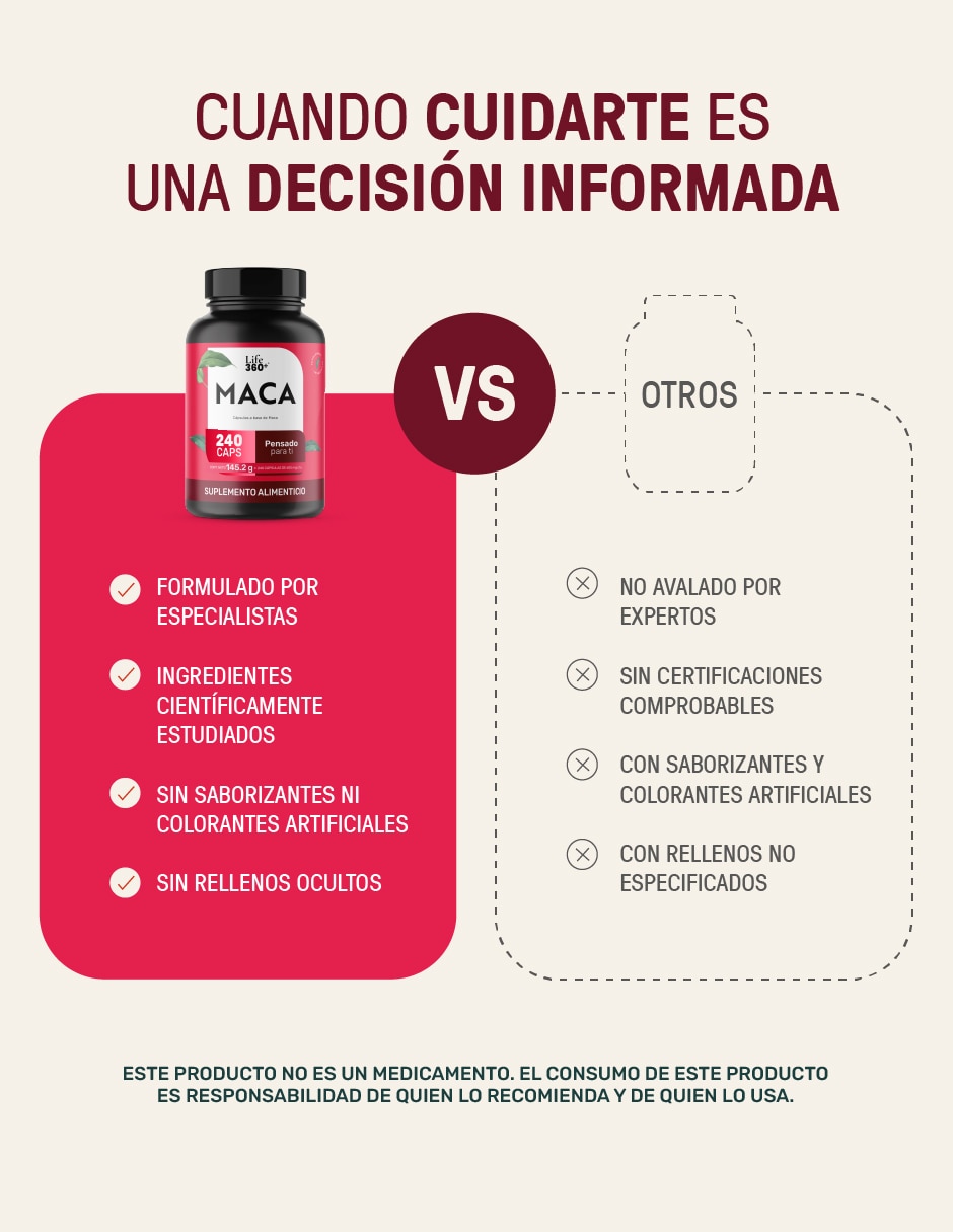 Maca: maca (negra, amarilla, roja) life 360+ 240 cápsulas "con" maca "sabor" sin sabor "de" sin tamaño 8
