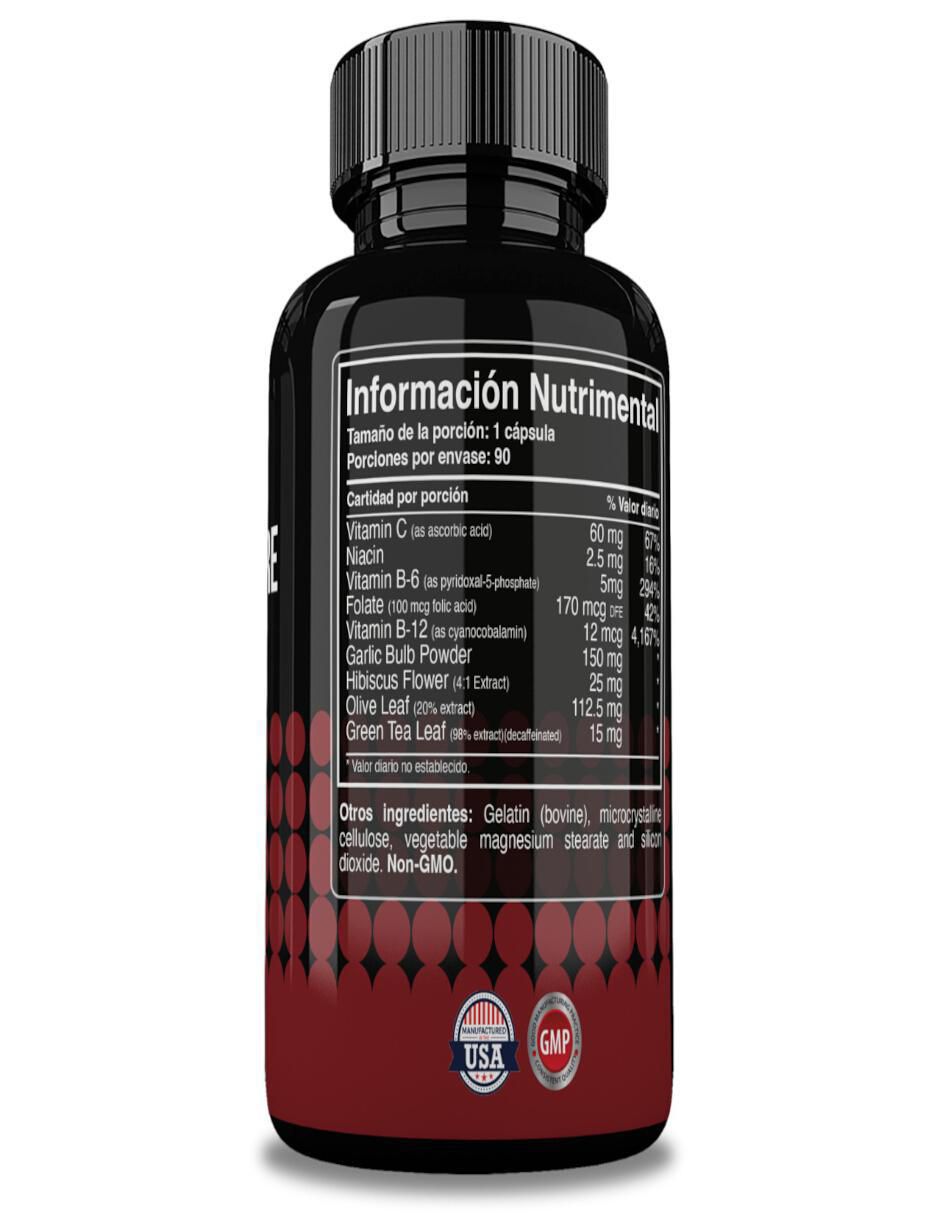 Blood Pressure con Vitamina C, Vitamina B6, Vitamina B12, Bulbo de Ajo en Polvo, Flor de Hibisco, Hoja de Olivo, Extracto de Espino Blanco, Hoja de Buchu, Hoja de Uva Ursi, Baya de Enebro y Hoja de Té Verde de 90 cápsulas 3