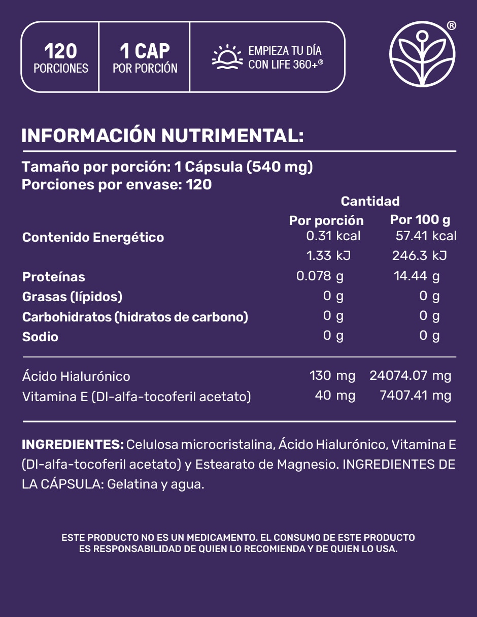 Hialu-E: Ácido Hialurónico + Vitamina E + Estearato de Magnesio Life 360+ Life360+