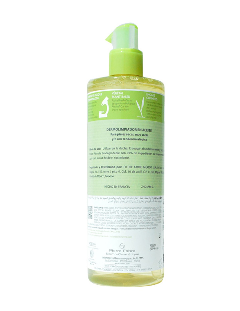 Limpiador rostro y cuerpo Exomega, Aceite de Ducha Emoliente, 500 ml Aderma Exomega Control para calmar la piel