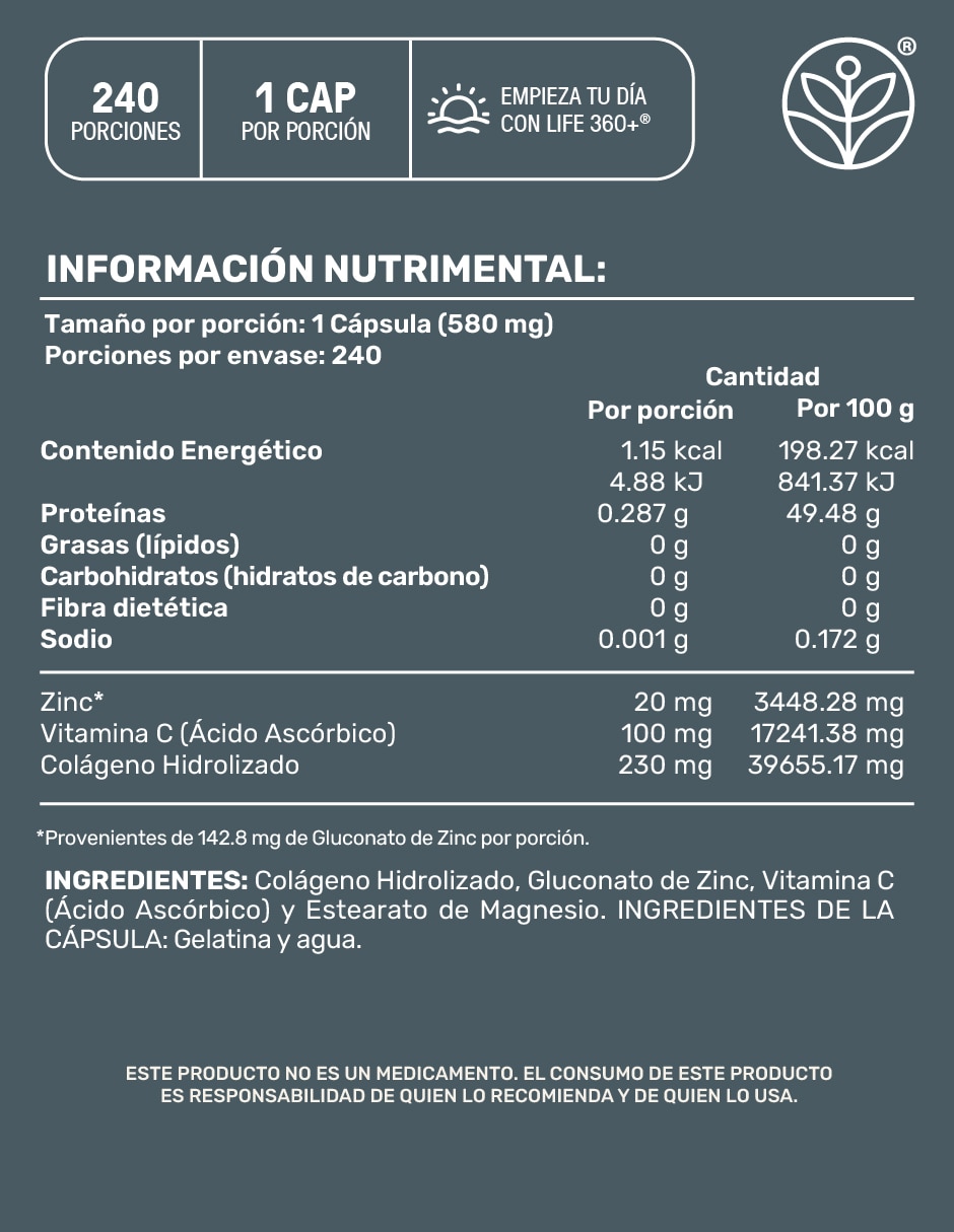 Zinc blend: Zinc + Colágeno Hidrolizado + Vitamina C Life 360+ Life360+