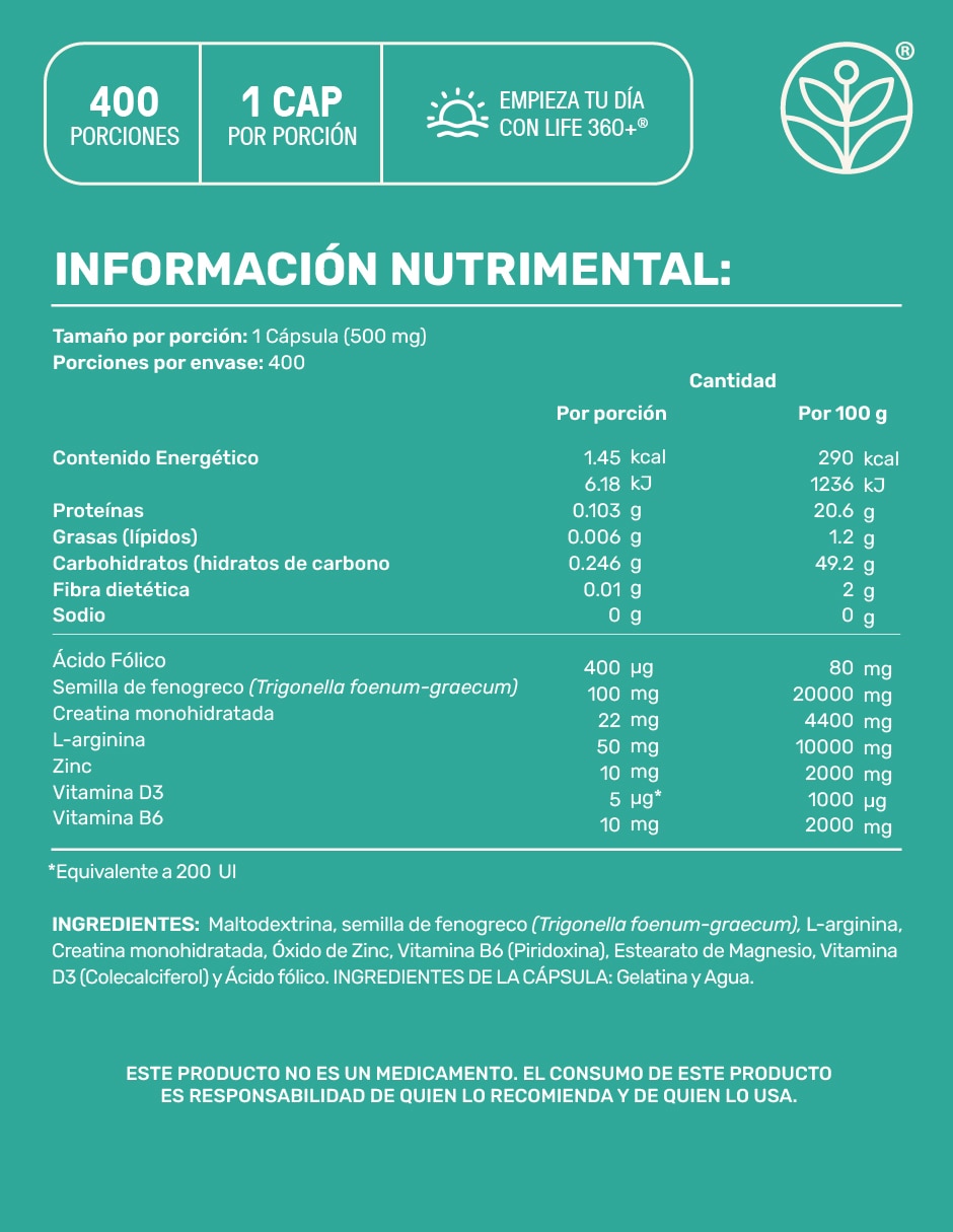 TST: Creatina + Vitaminas + Fenogreco + L-Arginina + Zinc 400 cápsulas