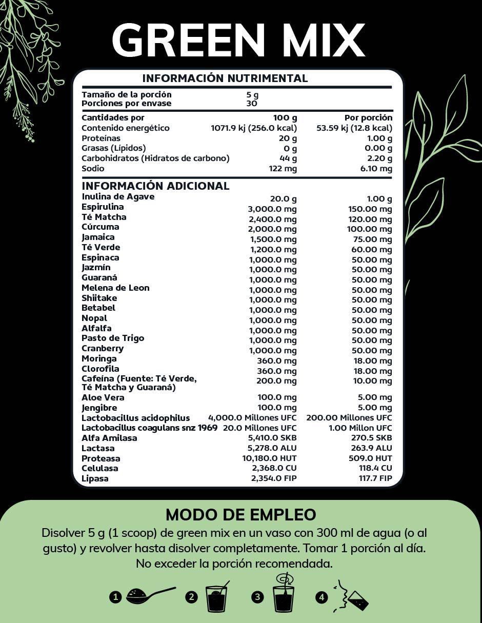 Green Mix, Jugo Verde Té Matcha, Clorofila, Enzimas Digestivas, Probióticos Bloom sabor frutos rojos de 150 g
